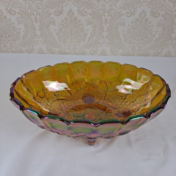 Indiana Glass Amber Carnival Glass Oval Footed Fruit Bowl Embossed Vintage - Picture 2 of 11
